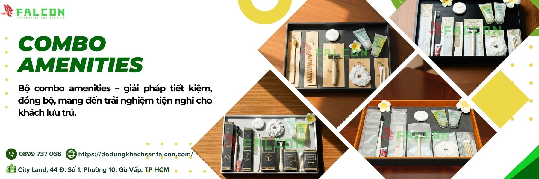 Bộ combo amenities đồ dùng phòng tắm cao cấp từ Falcon, giải pháp tiện lợi và tiết kiệm cho khách sạn và resort.