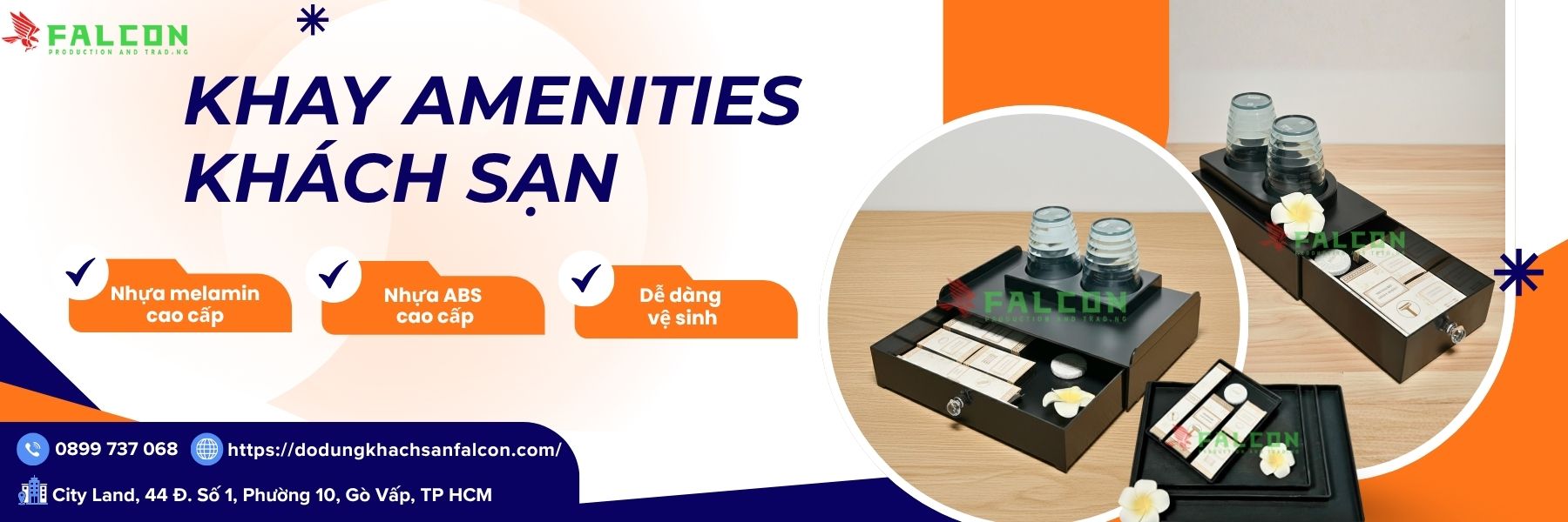 Khay amenities khách sạn Falcon, thiết kế tinh tế và chất liệu cao cấp, là lựa chọn lý tưởng cho phòng tắm khách sạn.