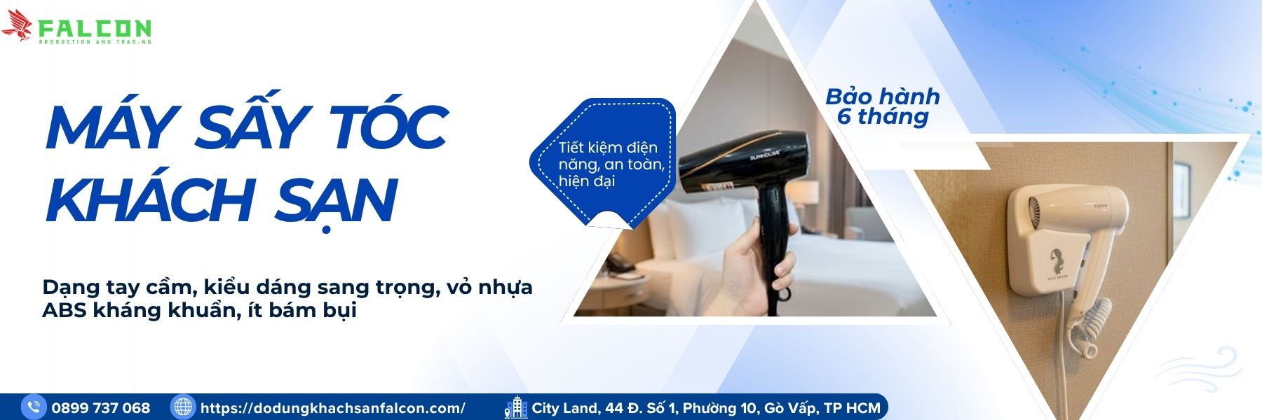 Máy sấy tóc Falcon cao cấp, thiết kế tiện dụng và bền bỉ, là lựa chọn lý tưởng cho khách sạn và resort.