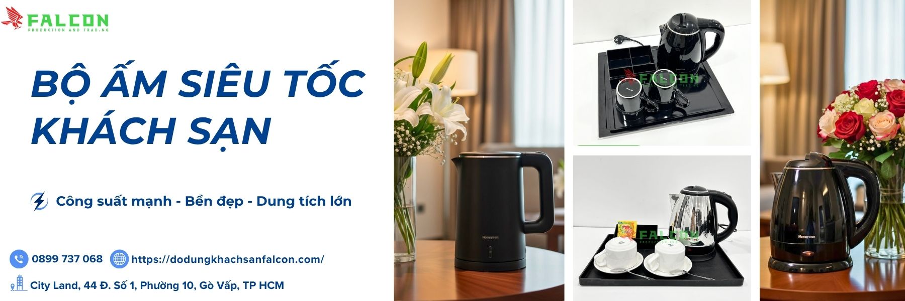 Ấm đun nước siêu tốc Falcon, thiết kế hiện đại và tiện lợi, giúp tiết kiệm thời gian cho khách lưu trú tại khách sạn và resort.