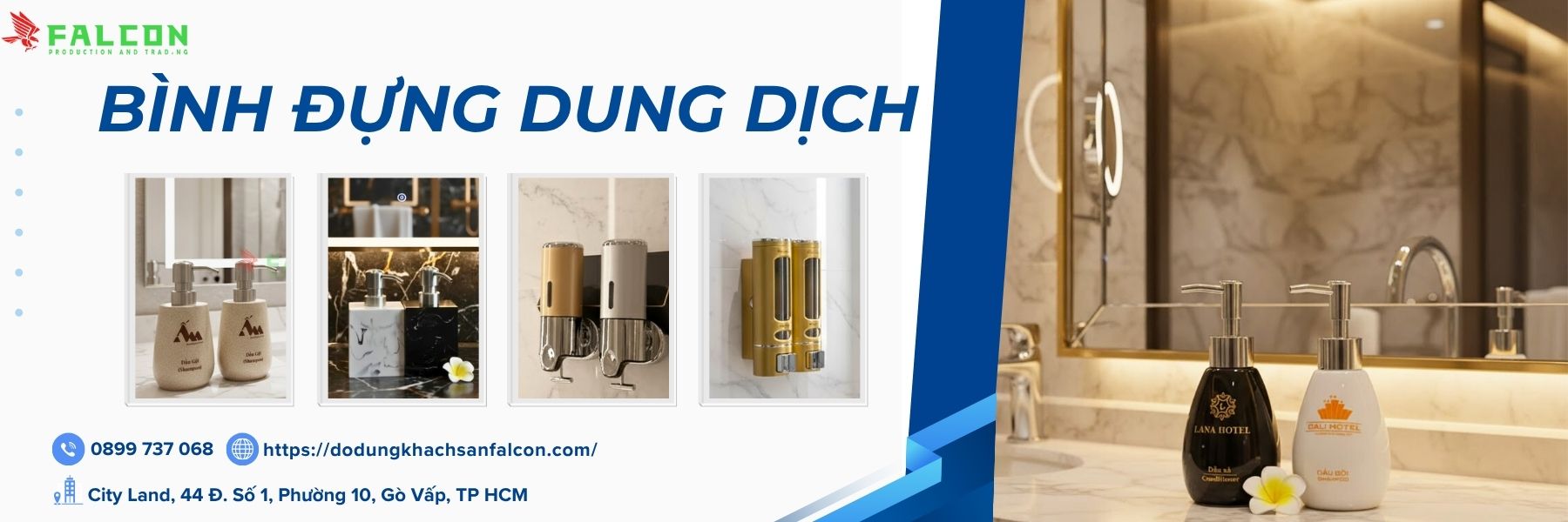 Bình đựng dung dịch dầu gội sữa tắm Falcon, thiết kế sang trọng và tiện lợi, phù hợp cho khách sạn và resort.