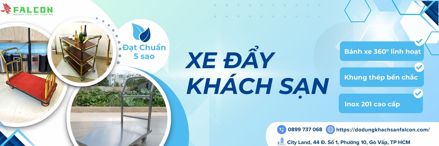 Xe đẩy khách sạn Falcon, thiết kế tiện dụng và bền bỉ, giúp việc vận chuyển đồ đạc trong khách sạn dễ dàng và nhanh chóng.