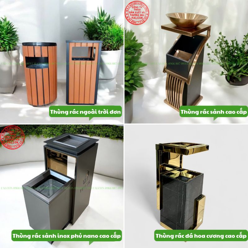 Thùng rác khách sạn được làm từ chất liệu inox hoặc nhựa cao cấp, đảm bảo độ bền và dễ dàng vệ sinh.