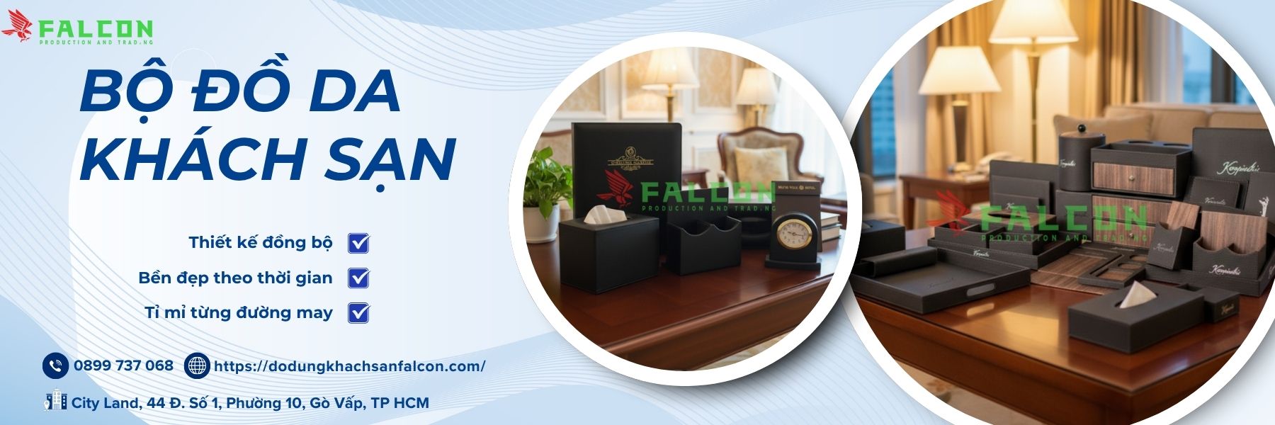 Bộ đồ da khách sạn Falcon, thiết kế tinh tế và chất liệu cao cấp, tạo nên sự sang trọng cho phòng lưu trú của khách sạn.