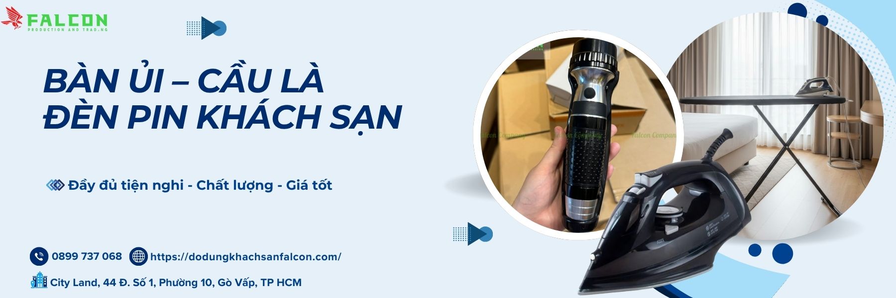 Bàn ủi, cầu là và đèn pin khách sạn Falcon, thiết kế tiện dụng, chất lượng cao, giúp khách hàng cảm thấy thoải mái và tiện nghi.