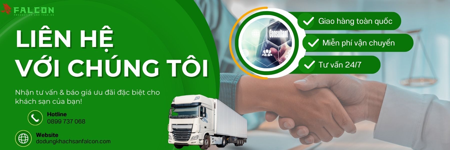 Banner liên hệ Falcon – đối tác cung cấp đồ dùng khách sạn uy tín, sẵn sàng tư vấn và hỗ trợ khách hàng trên toàn quốc.