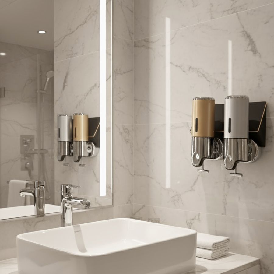 Bình đựng dung dịch gắn tường giúp không gian phòng tắm trở nên sạch sẽ, ngăn nắp và chuyên nghiệp hơn.