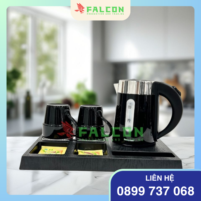 Bộ ấm siêu tốc Honeyson 3 chi tiết có thiết kế sang trọng, phù hợp mọi phòng khách sạn.