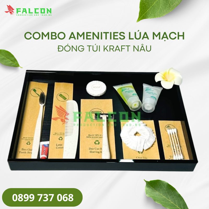 Bộ amenities lúa mạch đóng túi kraft nâu mang phong cách mộc mạc và tự nhiên, tạo cảm giác gần gũi cho người sử dụng.