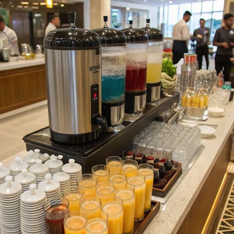 Đồ dùng buffet được thiết kế sang trọng, giúp không gian phục vụ trở nên chuyên nghiệp và thu hút hơn.