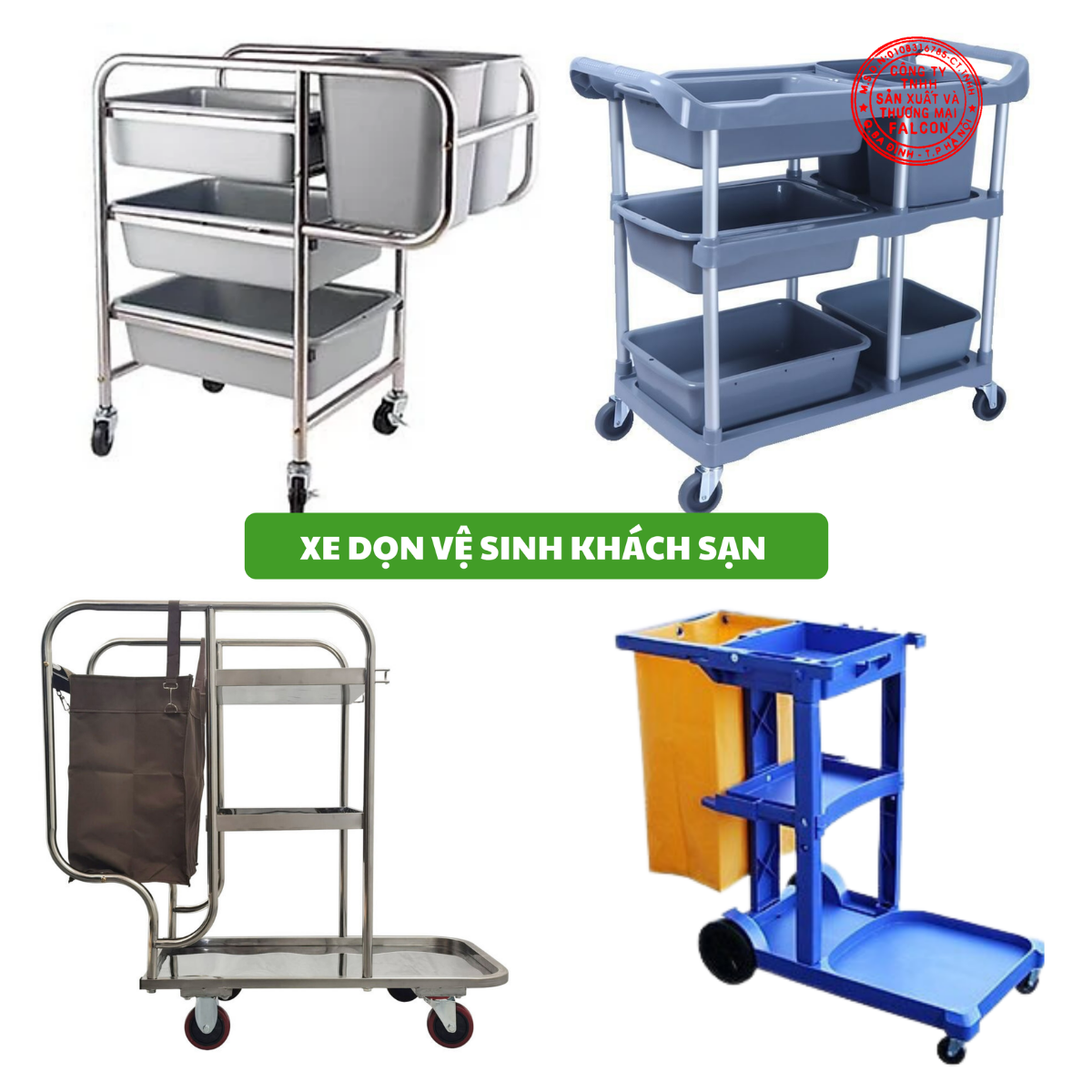 Xe có nhiều khay chứa, giúp phân loại dụng cụ vệ sinh một cách khoa học và tiện lợi.